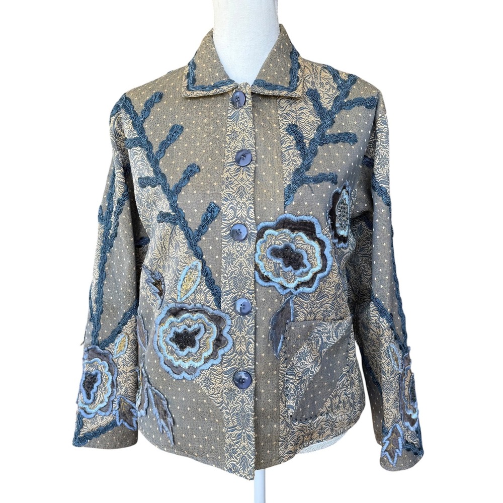 Silverstream Floral Applique Tapestry Jacket Blue Gold Cotton‎ One Size Art Wear